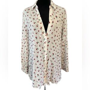 Como Blu White Button Down Top with Cherry Print size Medium
